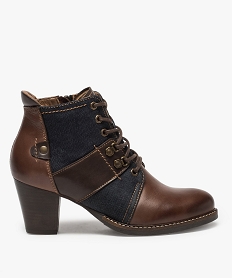 GEMO Boots femme lacées à talon dessus cuir et jean marron standard