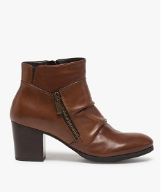 GEMO Boots femme unis à talon dessus cuir drapé et zip décoratif marron standard