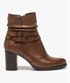 GEMO Boots femme à talon dessus cuir avec bride décorative marron standard