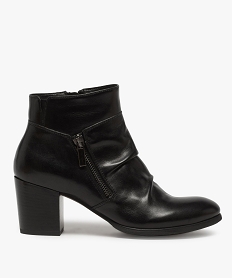 GEMO Boots femme unis à talon dessus cuir drapé et zip décoratif Noir