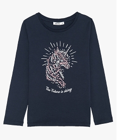 GEMO Tee-shirt fille avec motif licorne pailleté Bleu