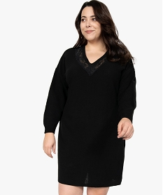 GEMO Robe femme en maille fantaisie et col V en dentelle Noir