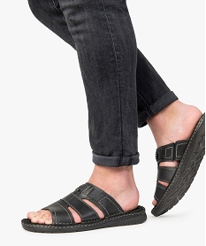 GEMO Mules homme en cuir uni à surpiqûres contrastées Noir