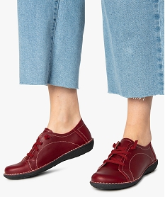 GEMO Derbies femme confort dessus cuir à lacets élastiques Rouge