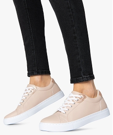 GEMO Tennis femme unies à lacets détails métallisés Rose