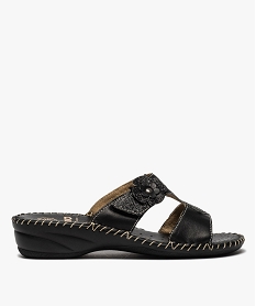 GEMO Mules femme confort en cuir ornées de fleur et paillettes Noir