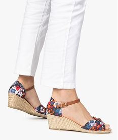 GEMO Sandales femme à talon compensé dessus drapée en tissu bleu standard