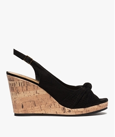 GEMO Sandales femme à talon compensé et dessus drapé en cuir noir standard