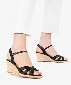 GEMO Sandales femme à talon compensé brillant et brides unies noir standard