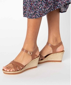 GEMO Sandales femme à talon compensé et brides unies en cuir marron standard