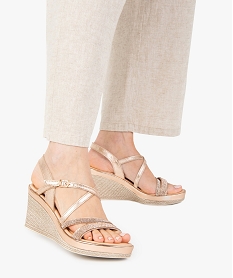 GEMO Sandales femme à talon compensé et strass marron standard