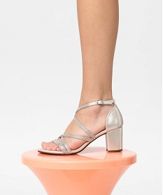 GEMO Sandales femme à talon fermé et fines brides strass argent glitter
