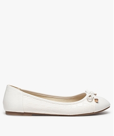 GEMO Ballerines femme à bout droit et nœud assorti Dessus matière synthétique avec reliefs imitation croco Blanc