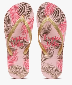 GEMO Tongs femme à motifs tropicaux et brides pailletées dore
