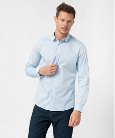 chemise homme unie coupe slim en coton stretch bleu chemise manches longuesB485701_1