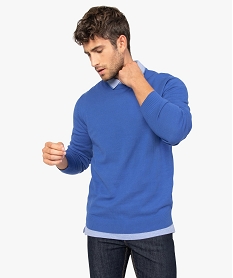 GEMO Pull homme uni en maille fine avec col rond Bleu