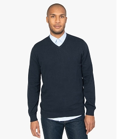 GEMO Pull homme en coton avec col V Bleu