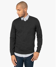 GEMO Pull homme en coton avec col V Gris