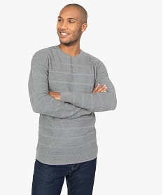 GEMO Pull homme en coton en maille fantaisie avec col rond Gris