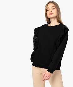 GEMO Sweat femme avec empiècements en dentelle sur l’avant Noir