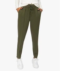 GEMO Pantalon femme en toile avec large ceinture élastiquée Vert