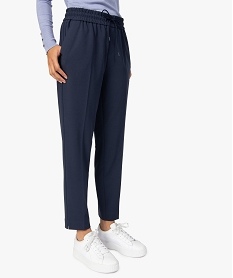 GEMO Pantalon femme en toile avec large ceinture élastiquée Bleu