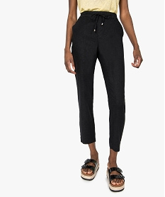 GEMO Pantalon femme en lin avec ceinture élastiquée Noir