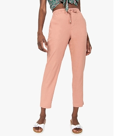 pantalon femme en lin avec ceinture elastiquee roseB519301_1