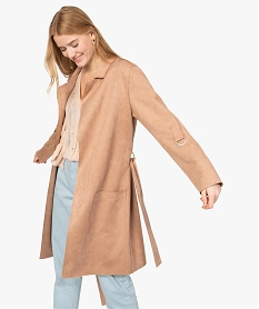 GEMO Manteau femme en suédine avec ceinture Beige