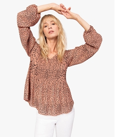 GEMO Blouse femme en voile plissé à motifs à manches longues Imprimé