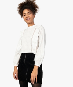 GEMO Blouse femme à manches longues avec volants sur l’avant Beige