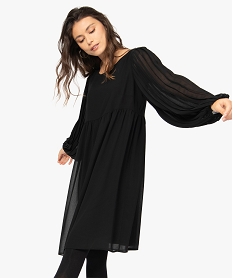 GEMO Robe femme en voile avec manches plissées transparentes Noir