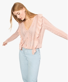 GEMO Gilet femme en maille ajourée avec volants sur l’avant Rose