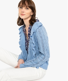 GEMO Gilet femme en maille ajourée avec volants sur l’avant Bleu