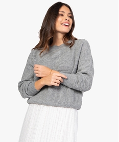 GEMO Pull femme à grosse côtes coupe courte Gris