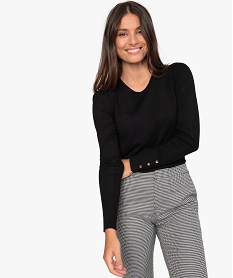 GEMO Pull femme fin avec large col rond et fronces aux épaules Noir