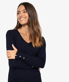 GEMO Pull femme en maille fine avec large col V Bleu