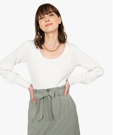 GEMO Pull femme en maille côtelée encolure ronde Beige