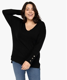 pull femme grande taille en maille fine a col v et boutons fantaisie noirB540901_1