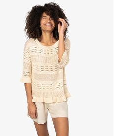 GEMO Pull femme en maille ajourée avec finitions volants Beige