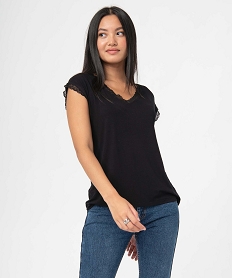 GEMO Tee-shirt femme à manches courtes avec col V en dentelle noir standard