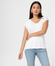 GEMO Tee-shirt femme à manches courtes avec col V en dentelle Blanc