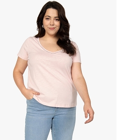 tee-shirt femme grande taille a col v avec lisere paillete roseB544401_1