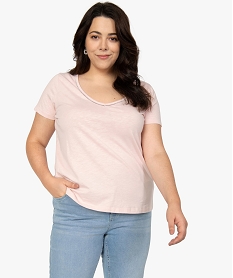 GEMO Tee-shirt femme grande taille à col V avec liseré pailleté Rose