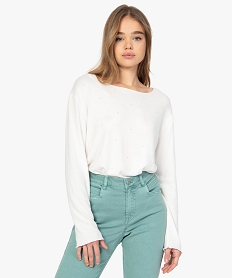 GEMO Tee-shirt femme en maille avec perles sur l’avant Beige