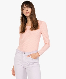 GEMO Tee-shirt femme en maille côtelée à manches longues Rose