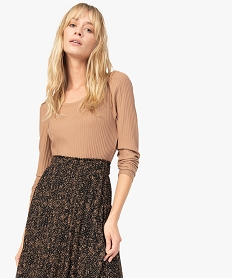 GEMO Tee-shirt femme en maille côtelée à manches longues marron vif