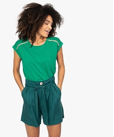 GEMO Tee-shirt femme pailleté avec manches ultra courtes à revers vert standard