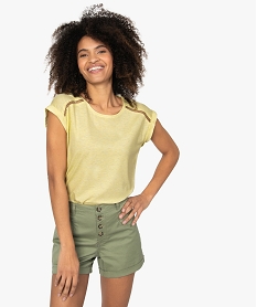 tee-shirt femme paillete avec manches ultra courtes a revers jauneB557301_1
