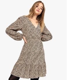 GEMO Robe femme en maille texturée avec col cache-coeur Imprimé